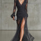 Dark Grey Lace Ruched Sheer Long Sleeve Slit Maxi Dress