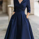 Karen | Satin Wrap-Bodice Collared Midi Dress with Pockets for Women
