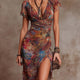 Martina - Midi Pleated Dress with V-Neck, Abstract Art Print in Bohemian Style