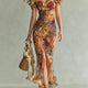 Viola | Long orange chiffon dress with bohemian-style oil painting print