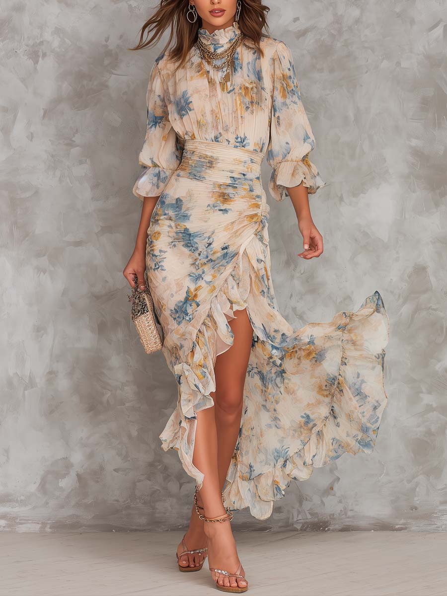 chiffon turtleneck dress Floral Print Irregular Maxi for Women Size:11 US kids numeric RESTLESS NIGHTS ASYMMETRICAL BROCADE BRIDAL NEW Arvestaconcept creating a fluid silhouette