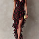 Chic Black And Red Floral Ruched Ruffle Hem Dress
