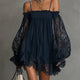 Noemi | Mini dress in navy blue chiffon with off-the-shoulder neckline, lace trim, and sheer sleeves
