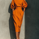 Women's Orange Mid-sleeve Top And Midi Skirt Set