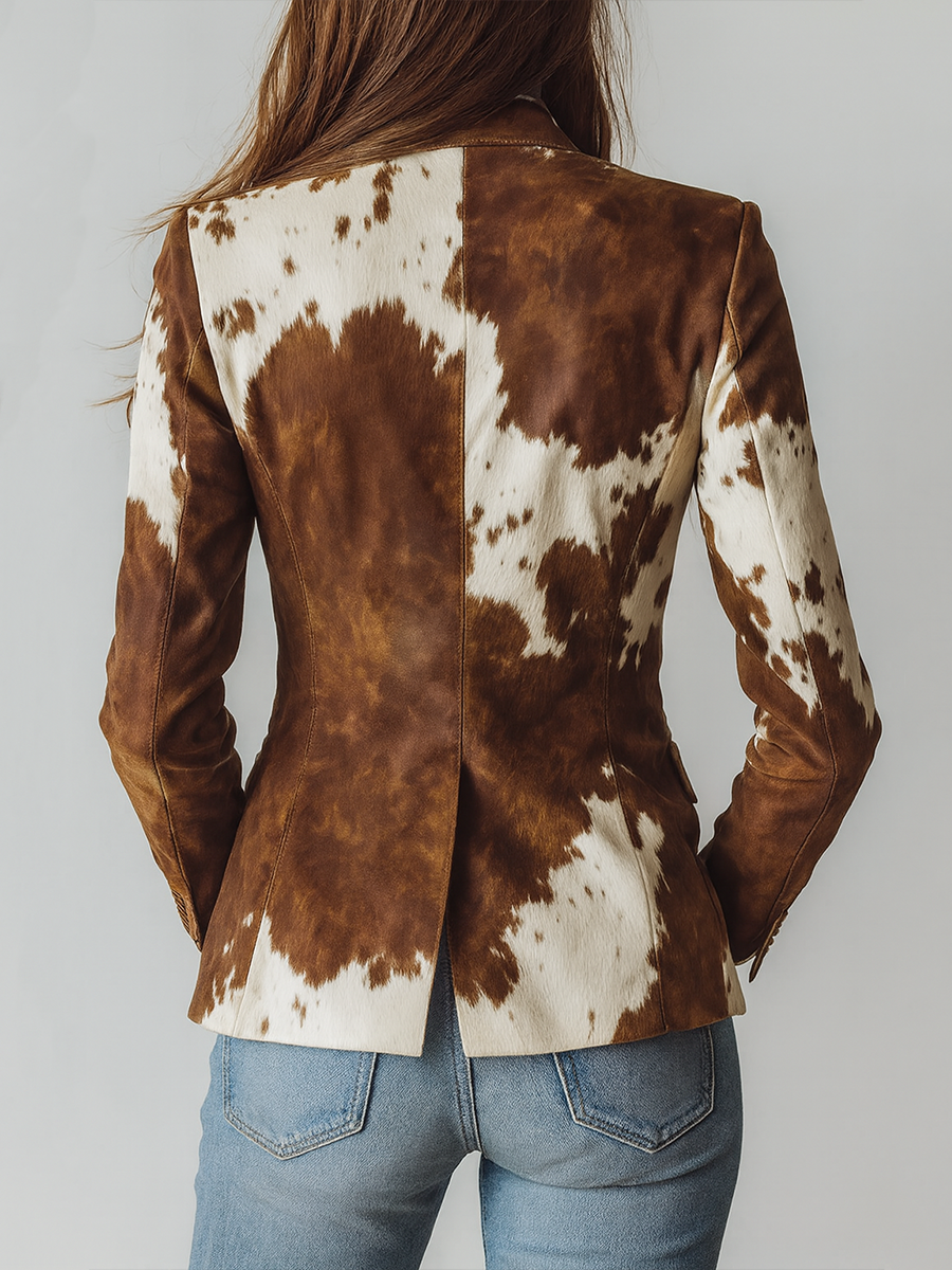 Bennett and Lowe Kathleen animal-print tailored blazer shown on a model, featuring a fitted design and classic lapel collar.