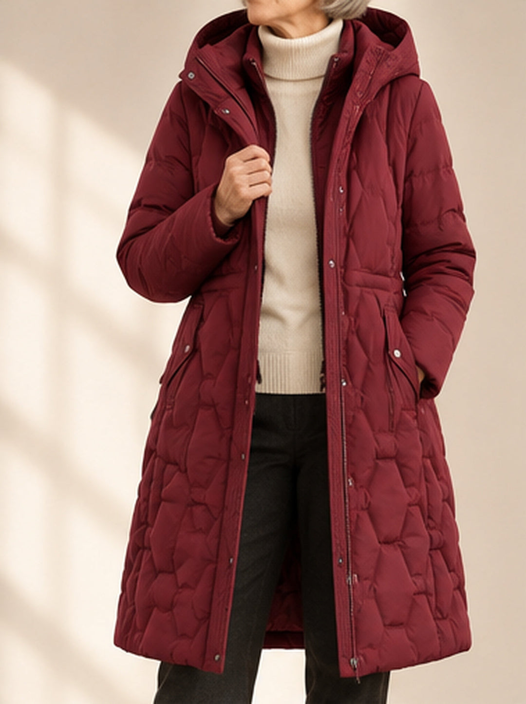 Bennett & Lowe Jacqueline longline hooded quilted coat in Bordeaux, front view showing the stylish hood and quilted design.