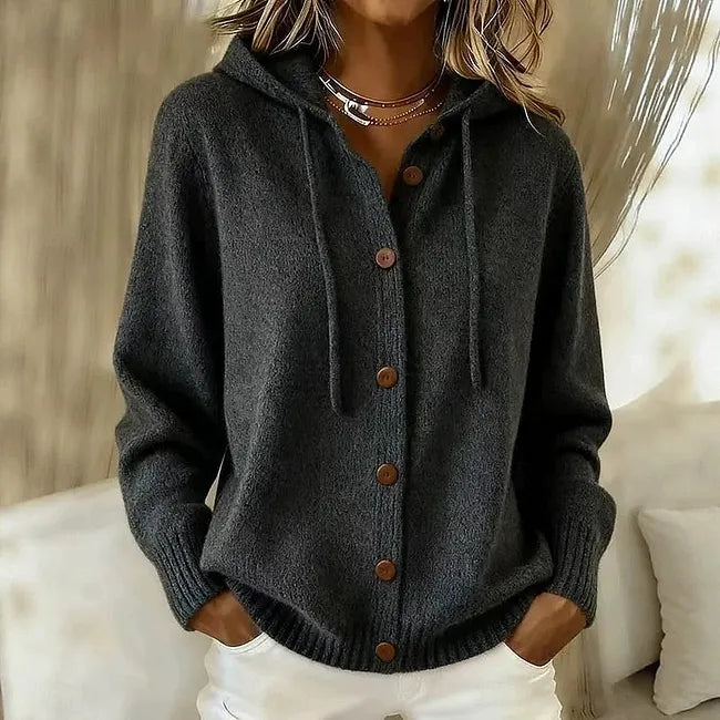 Goldie Bennett and Lowe women's hooded button-front long-sleeve knit cardigan, showcasing a cozy gold-colored design with a hood and front buttons.