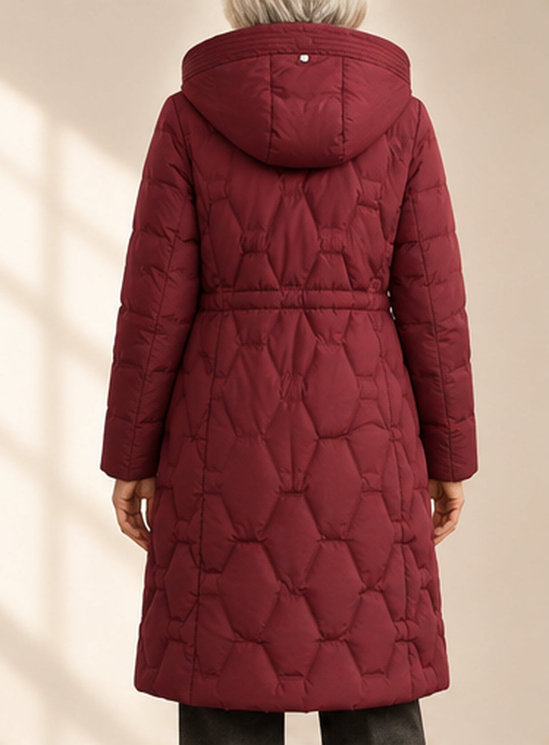 Bennett & Lowe Jacqueline longline hooded quilted coat in Bordeaux, rear view showing quilted pattern and hood design.