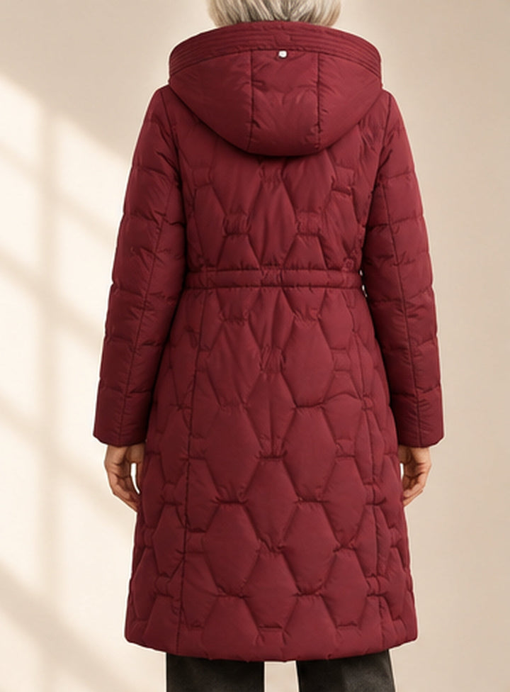 Bennett & Lowe Jacqueline longline hooded quilted coat in Bordeaux, rear view showing quilted pattern and hood design.