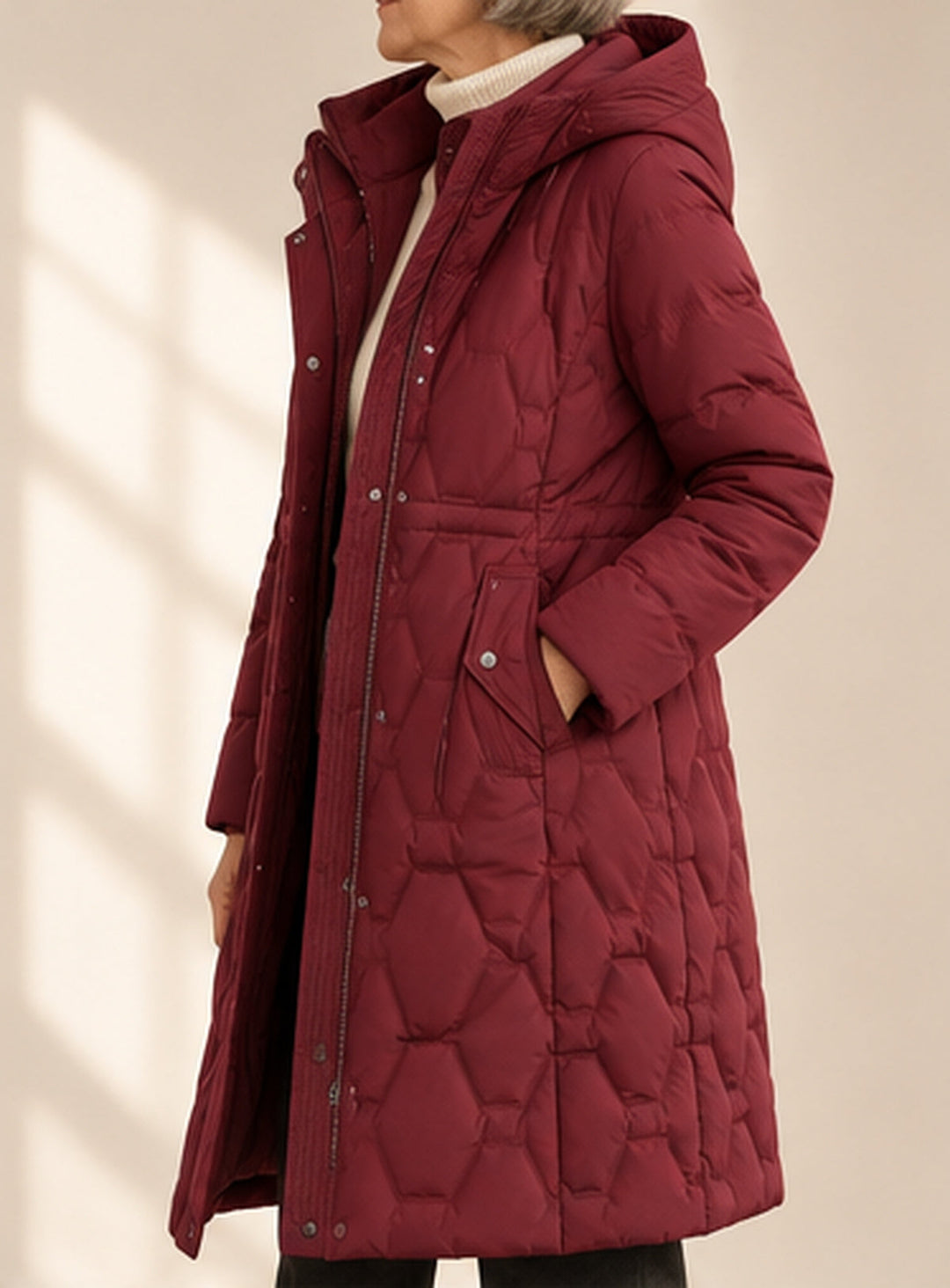 Bennett & Lowe Jacqueline longline hooded quilted coat in Bordeaux, shown from side view with hood and quilted pattern.