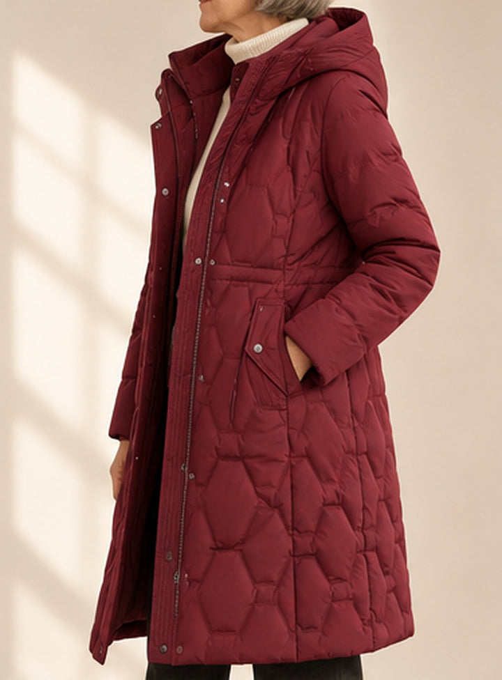 Bennett & Lowe Jacqueline longline hooded quilted coat in Bordeaux, shown from side view with hood and quilted pattern.