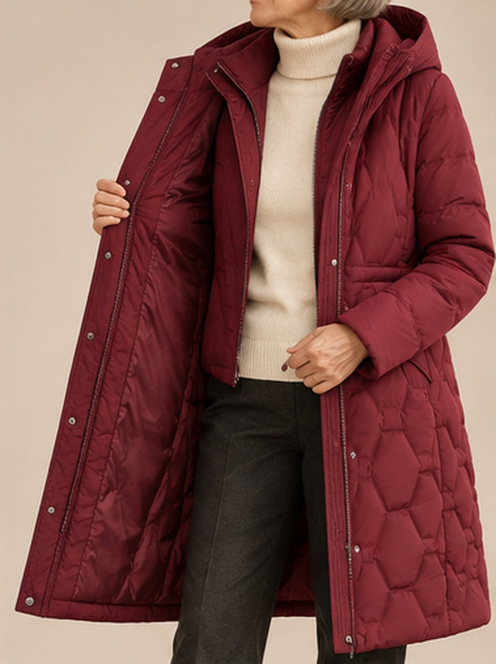 Bennett & Lowe Jacqueline longline hooded quilted coat in Bordeaux, open style, showcasing its quilted fabric and hood design.
