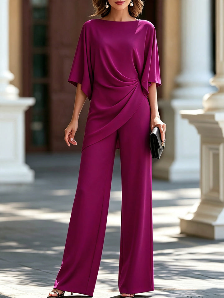Fuchsia-red Genevieve cape-sleeve draped waist two-piece pants set by Bennett and Lowe, featuring a stylish coordinated top and pants.