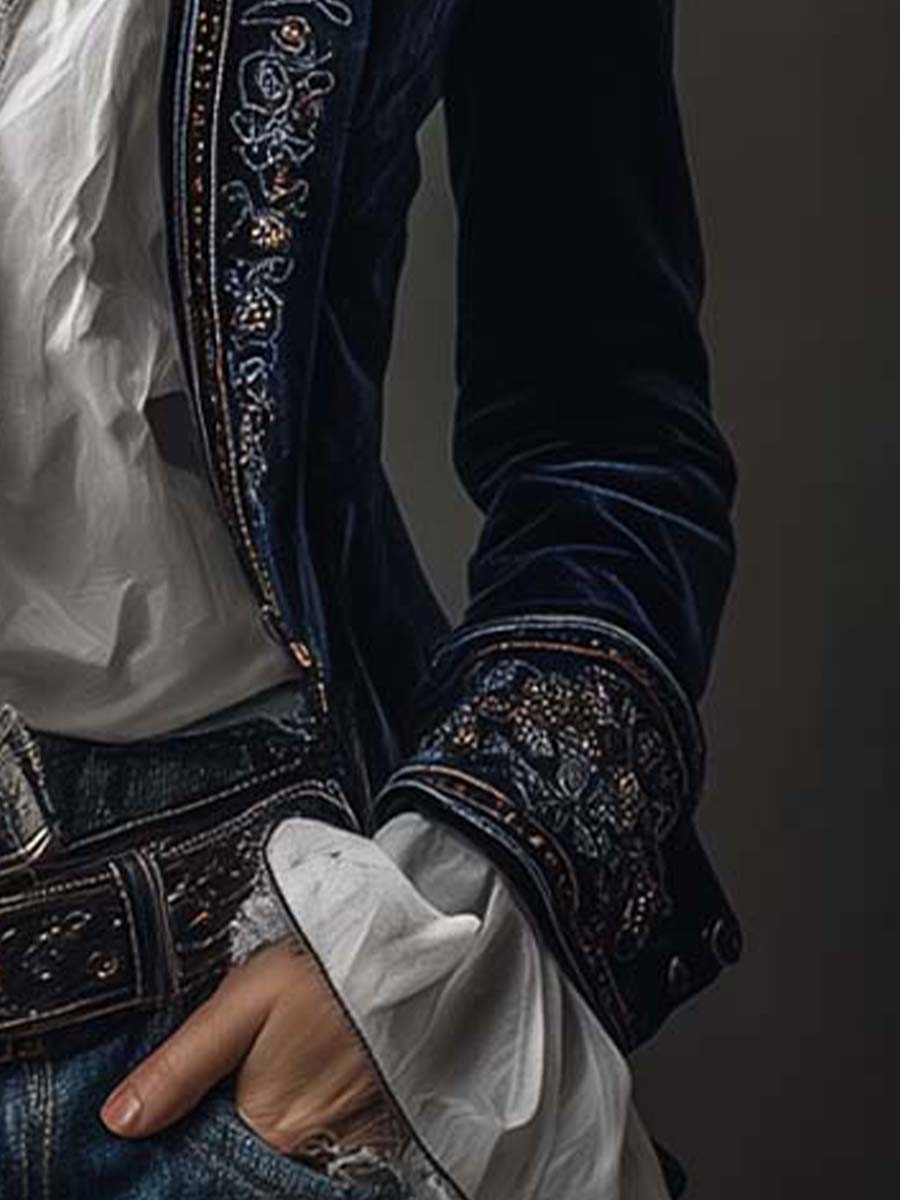 Embroidered longline blazer by Bennett and Lowe featuring tailored fit, lapel collar, and intricate embroidery detail.