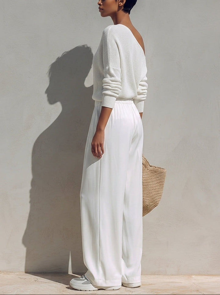 Bennett and Lowe Adele two-piece set with one-shoulder top and wide-leg pants for women, shown in a stylish, modern design.
