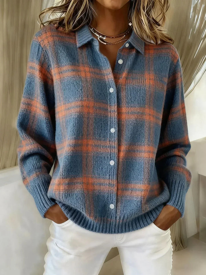 Anna plaid knit cardigan by Bennett and Lowe, featuring a cozy, multicolor plaid pattern and button-front design.