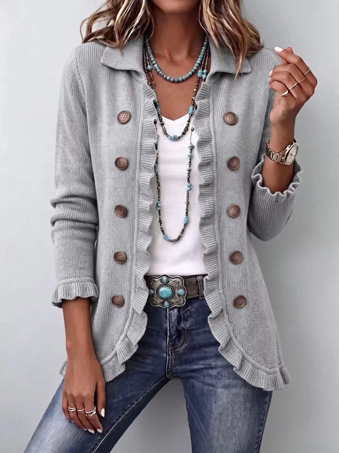 Elowen ribbed knit ruffle jacket for women by Bennett and Lowe, featuring textured fabric and stylish ruffle details.