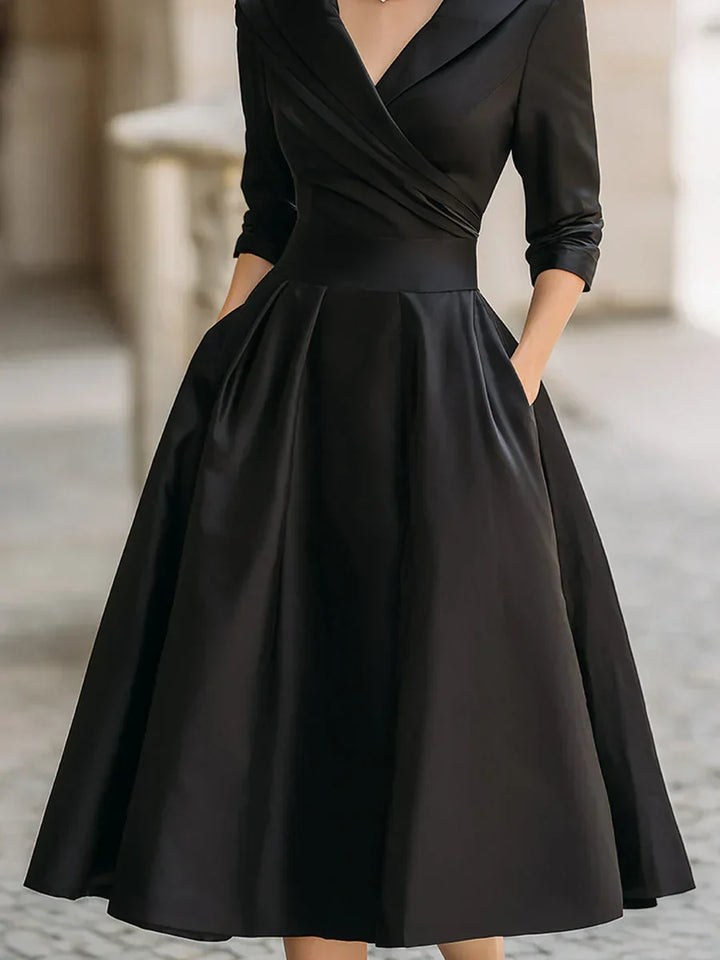 Karen satin wrap-bodice collared midi dress with pockets for women by Bennett and Lowe, shown with a stylish collar and smooth satin fabric.