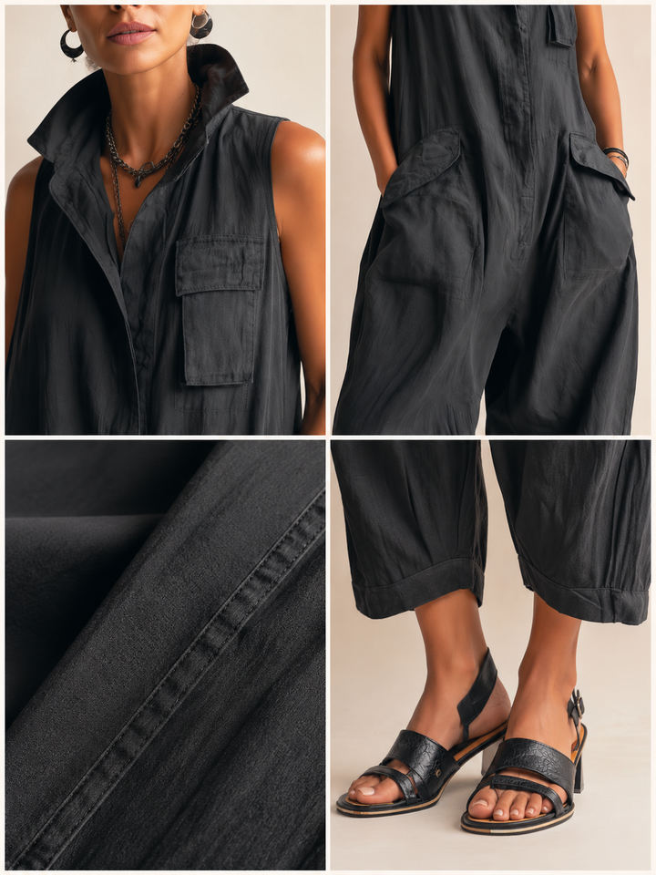 Women’s cotton utility jumpsuit by Bennett and Lowe, relaxed fit with adjustable straps and multiple pockets.