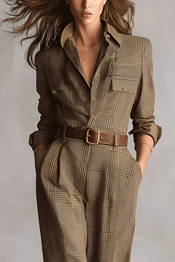 Aubrette | Plaid Belted Button-Front Tailored Jumpsuit for Women