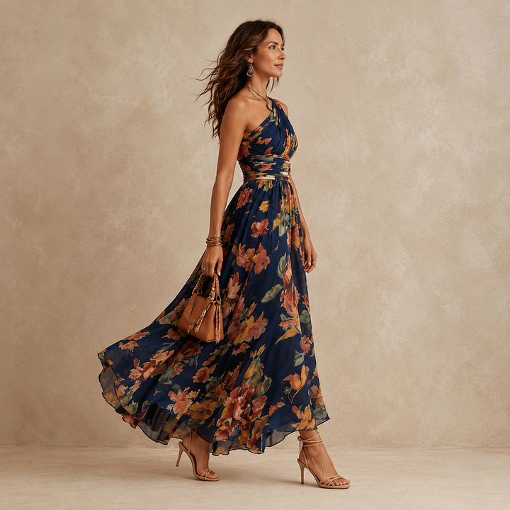Bennett and Lowe Celeste one-shoulder floral maxi dress displayed on a hanger with vibrant flower pattern and flowing fabric