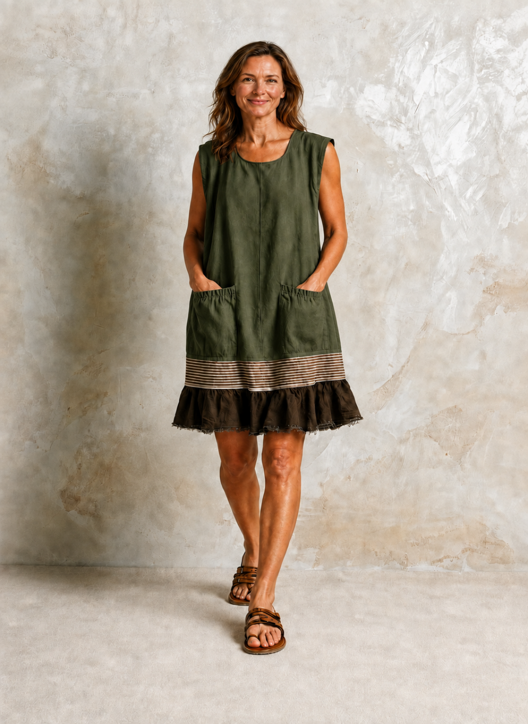 Hazel Bennett and Lowe ruffle hem tunic dress in lightweight fabric, featuring a flowy silhouette and decorative ruffle details.