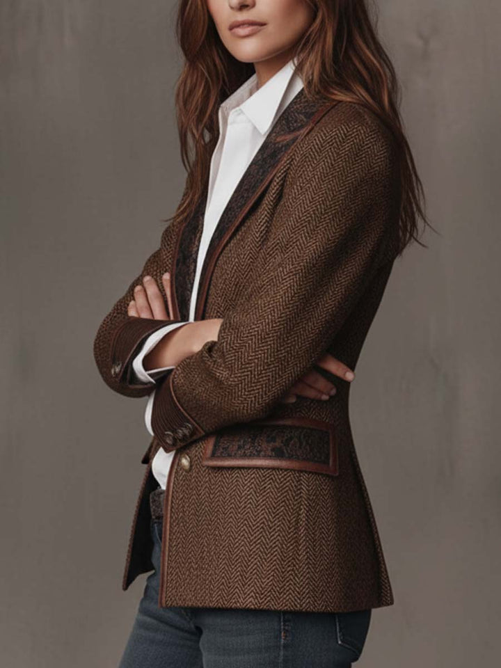Elara Bennett and Lowe women's herringbone print panel blazer, tailored fit, featuring classic herringbone pattern and stylish lapels.