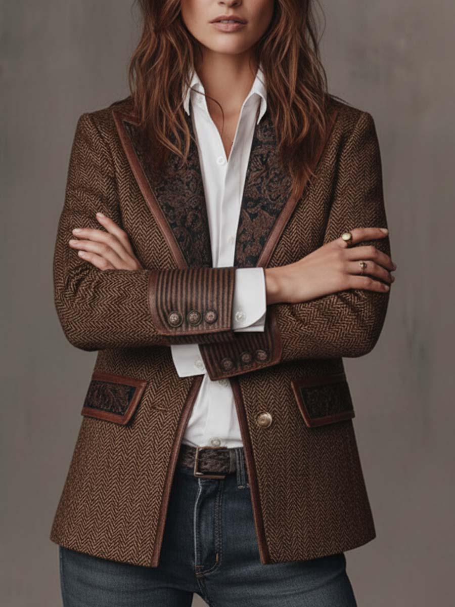 Bennett and Lowe Elara women’s herringbone print panel blazer, tailored fit with lapel collar and sleek design, shown on a model.