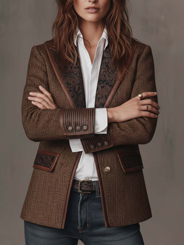 Bennett and Lowe Elara women’s herringbone print panel blazer, tailored fit with lapel collar and sleek design, shown on a model.