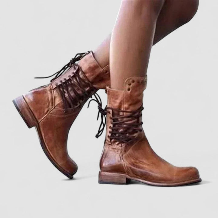 Bennett and Lowe Mae lace-up ankle boot for women, featuring stylish leather design and sturdy sole, shown in close-up image.