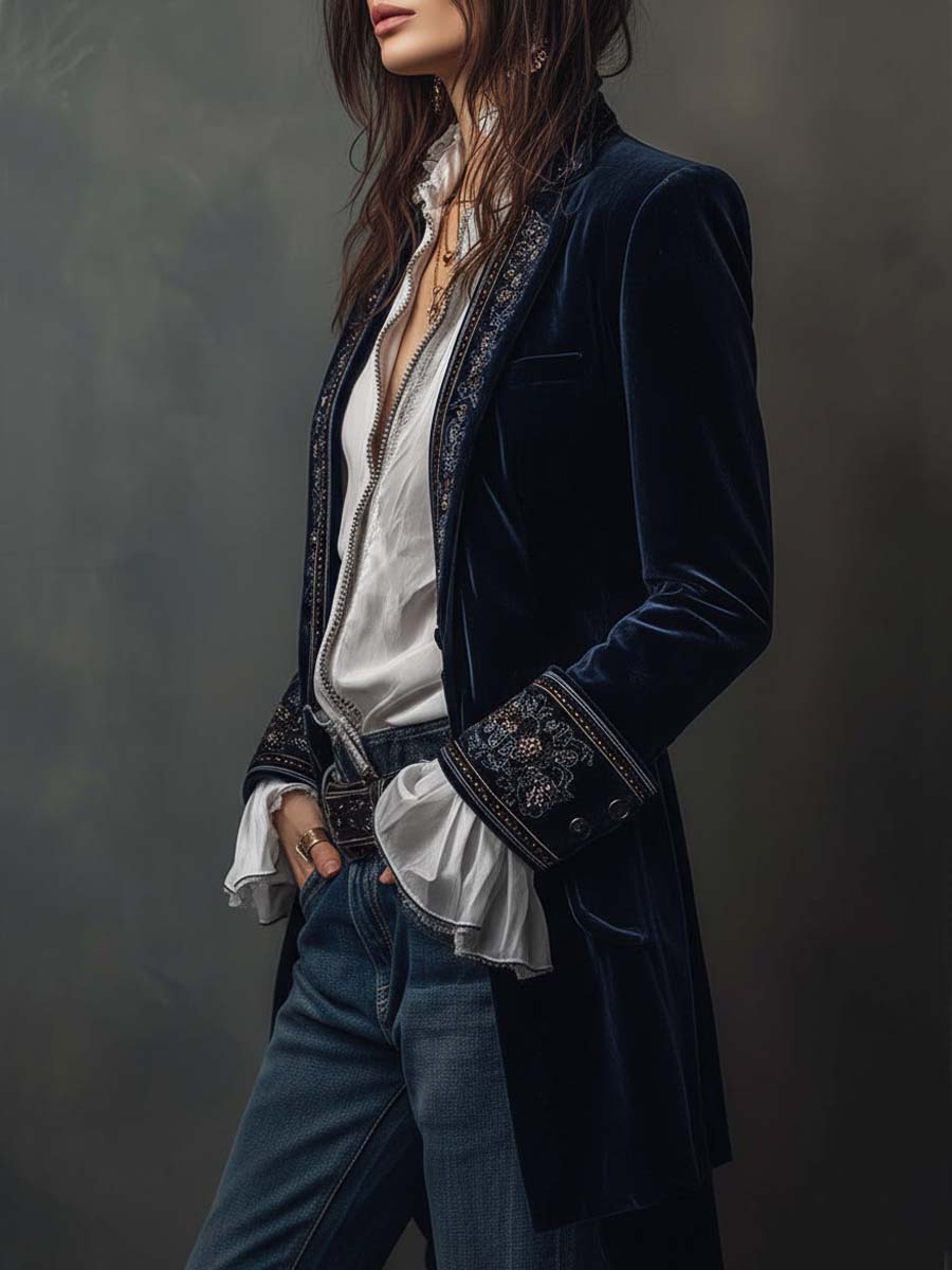 Embroidery details on Bennett and Lowe Candace longline blazer in a tailored fit, shown in a stylish, structured design.