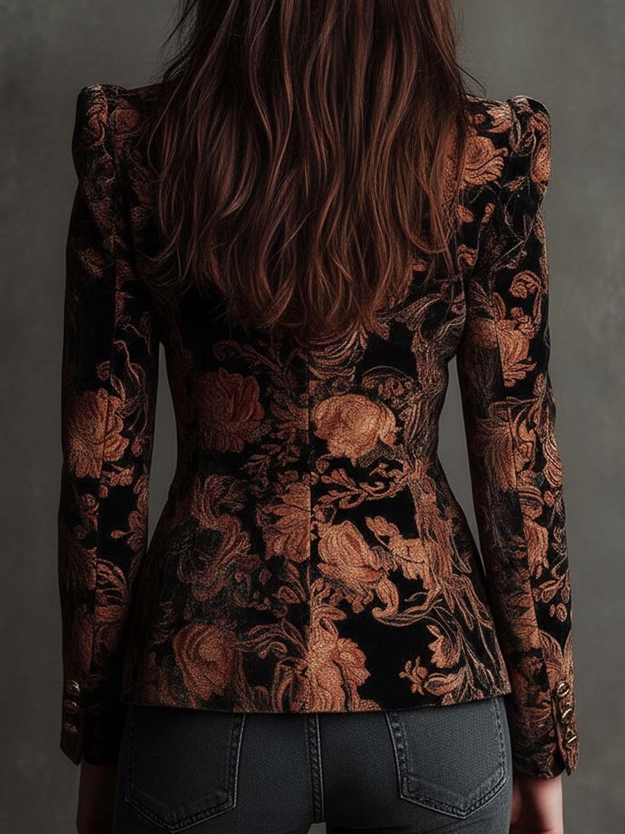 Bennett and Lowe Jeanette floral-print tailored blazer with long sleeves, fitted design, and vibrant floral pattern on fabric.