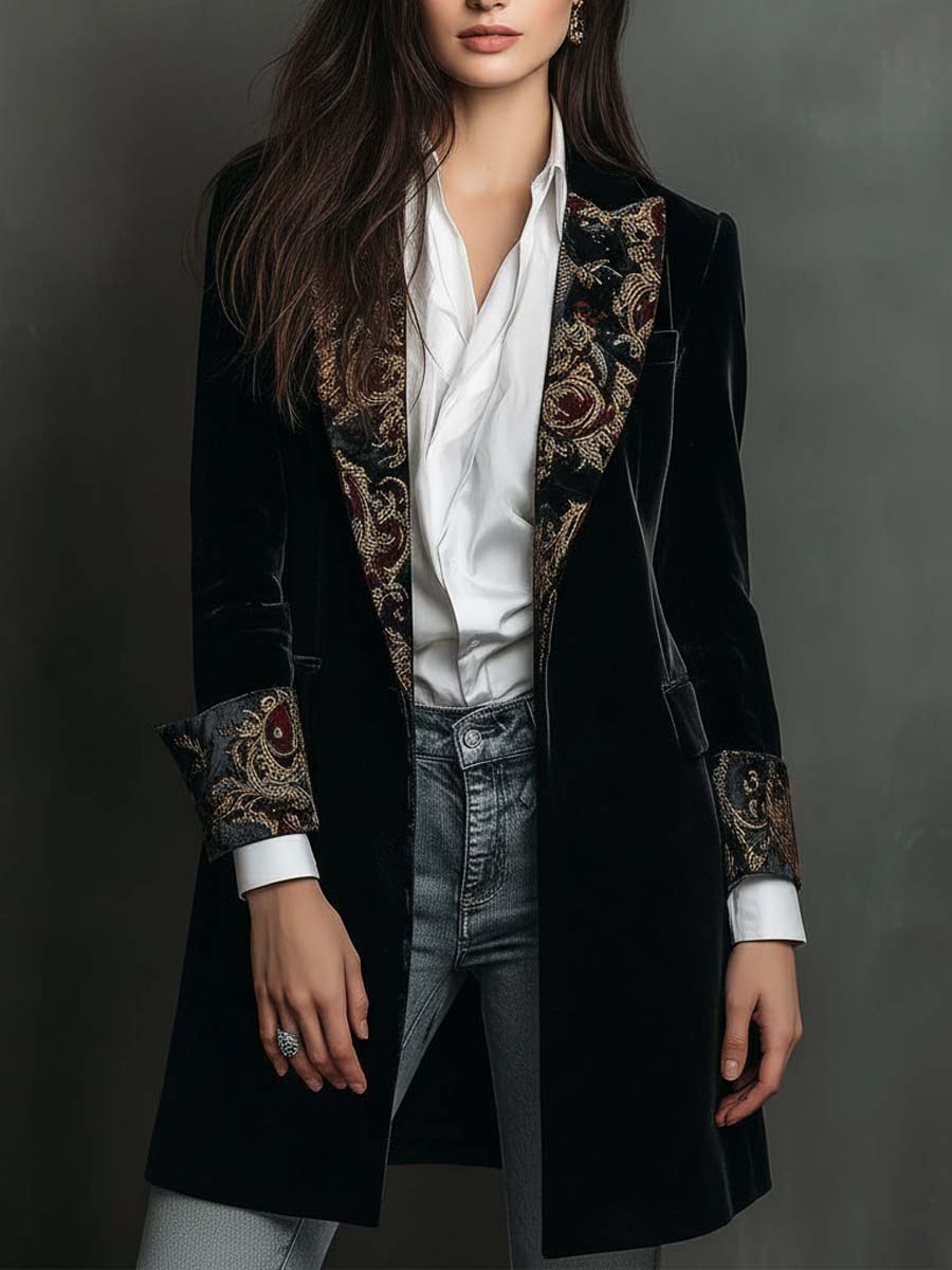 Bennett and Lowe Alison baroque-print long sleeve blazer with lapel collar, featuring a bold ornate pattern and tailored fit.