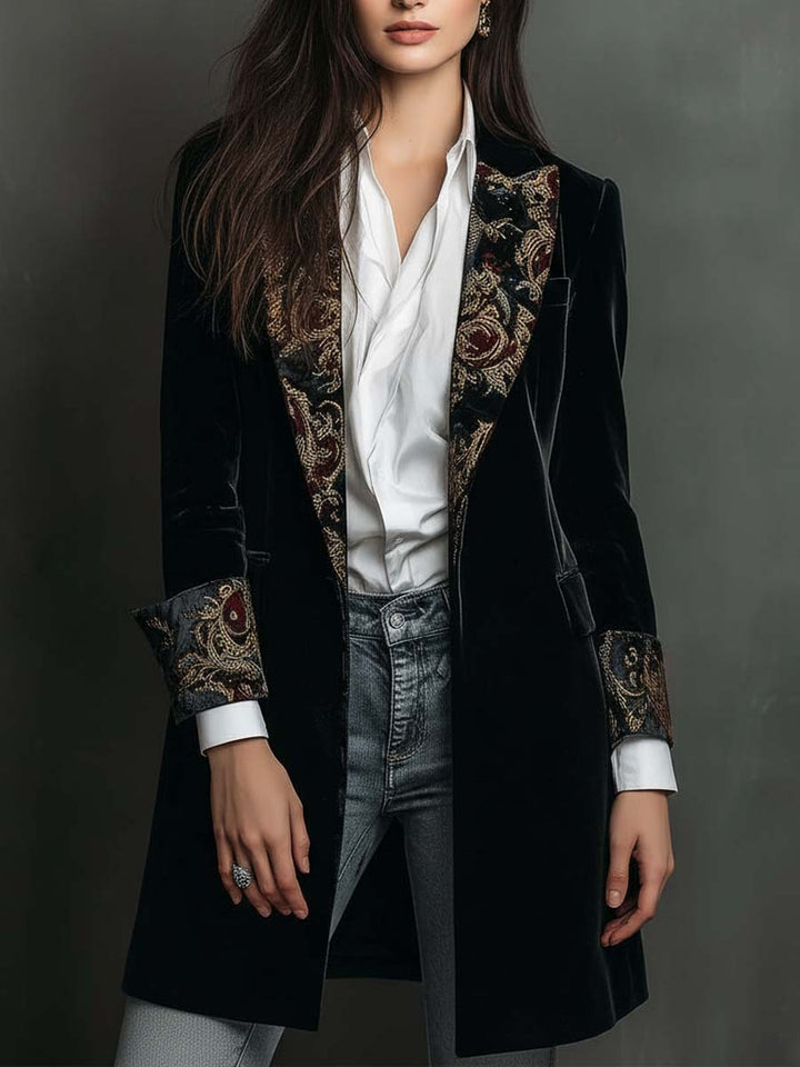 Bennett and Lowe Alison baroque-print long sleeve blazer with lapel collar, featuring a bold ornate pattern and tailored fit.