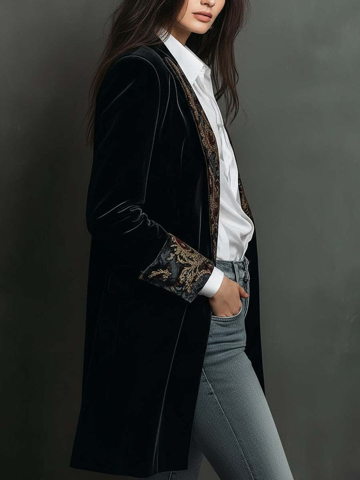 Long sleeve Alison Bennett and Lowe blazer with a bold baroque-print lapel and tailored fit, displayed on a mannequin.