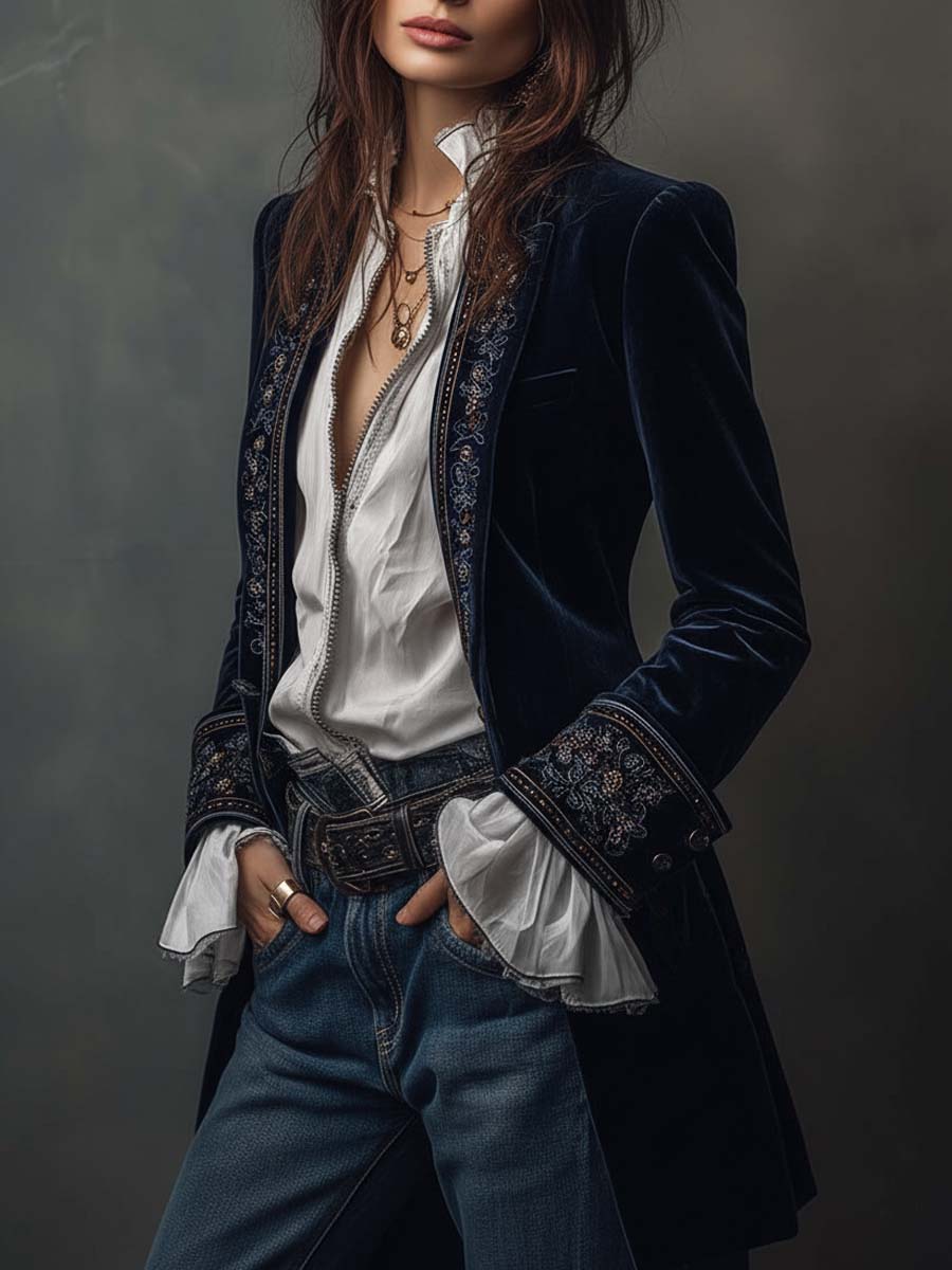 Embroidered longline blazer by Bennett and Lowe featuring a tailored fit, lapel collar, and intricate embroidery detail.