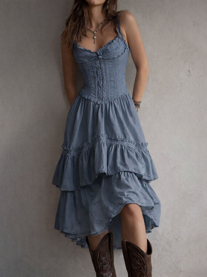 Olivia Newyork Marisol Corset Tiered Lace-Trim Midi Dress from Country Muse collection, featuring lace details and a fitted bodice.