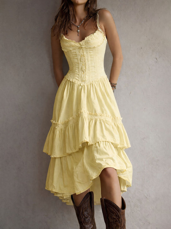 Olivia Newyork Marisol Corset Tiered Lace-Trim Midi Dress by Country Muse, featuring lace details and a fitted corset style.