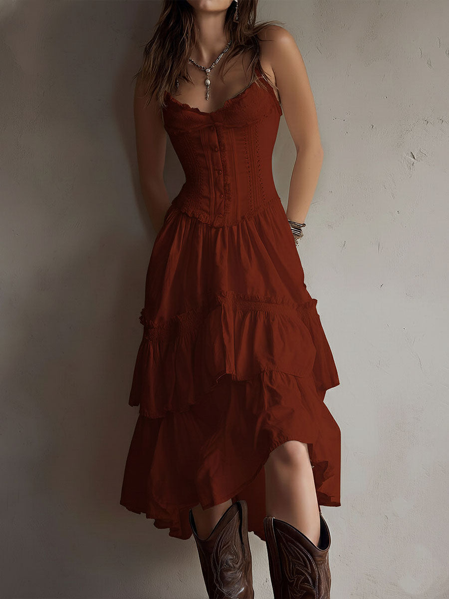 Olivia Newyork Marisol country muse corset tiered lace-trim midi dress, featuring a fitted corset top and flowing layered skirt.