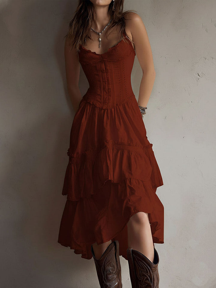 Olivia Newyork Marisol country muse corset tiered lace-trim midi dress, featuring a fitted corset top and flowing layered skirt.