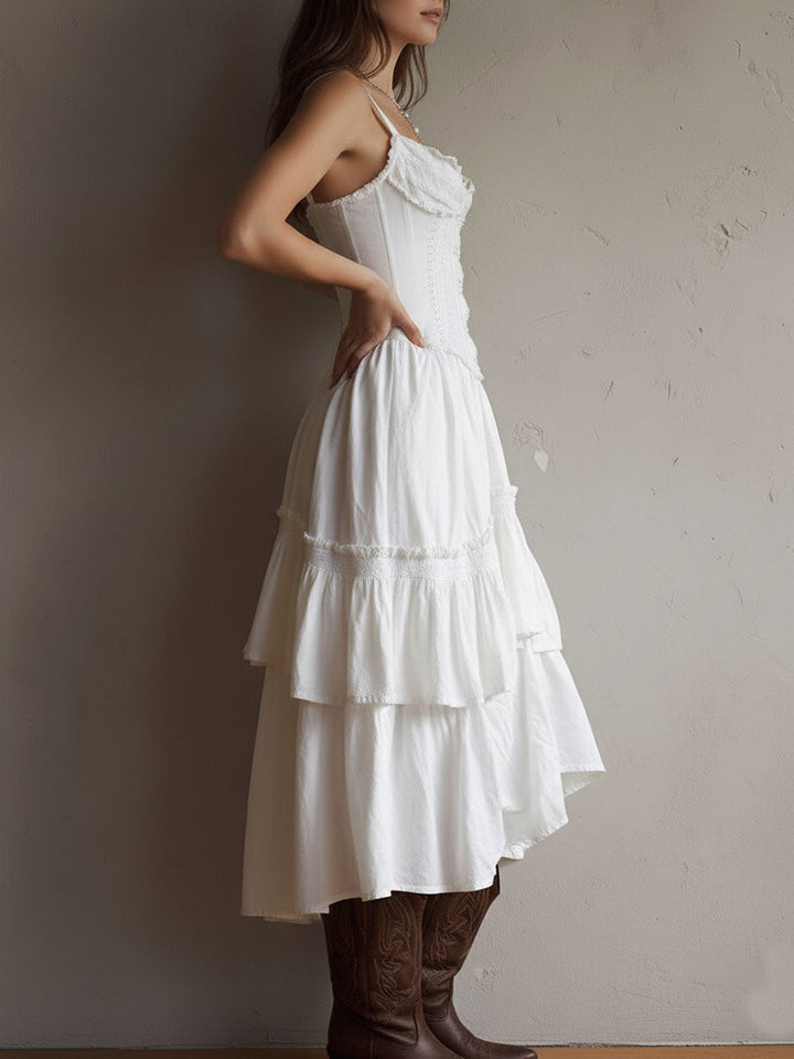 Olivia Newyork Marisol Corset Tiered Lace-Trim Midi Dress by Country Muse, featuring lace details and a flowing silhouette.