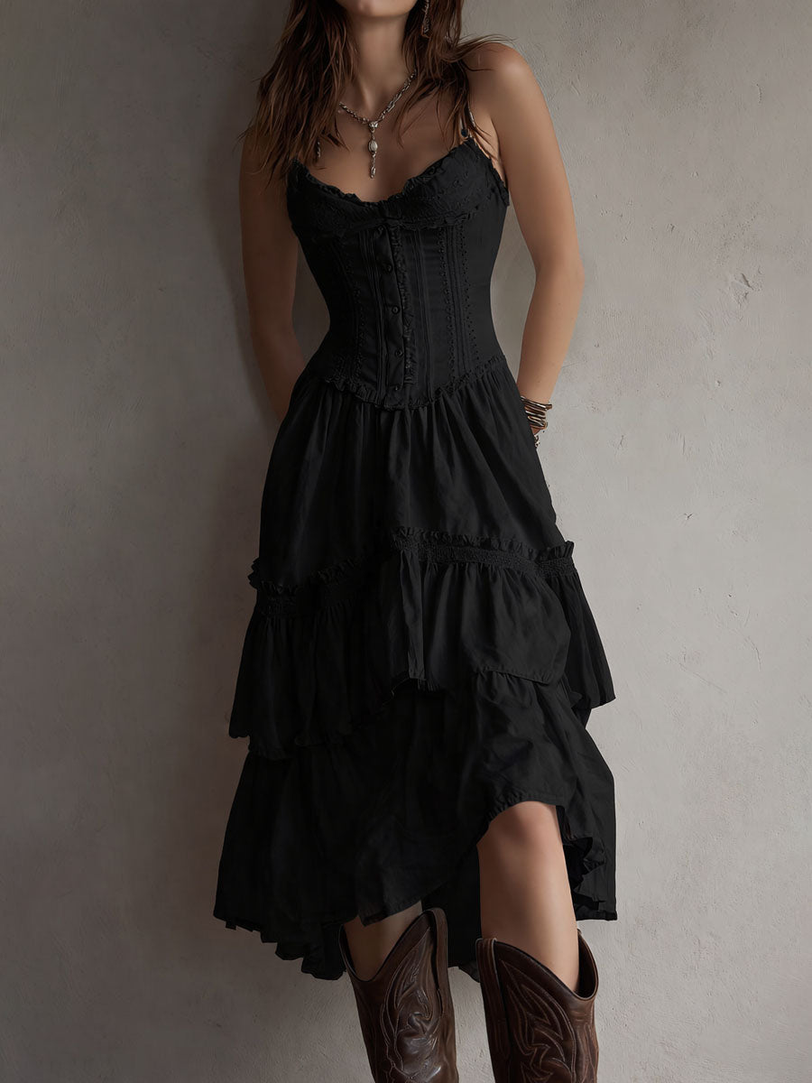 Olivia Newyork Marisol corset tiered lace-trim midi dress from Country Muse collection, featuring a fitted bodice and flowing skirt.