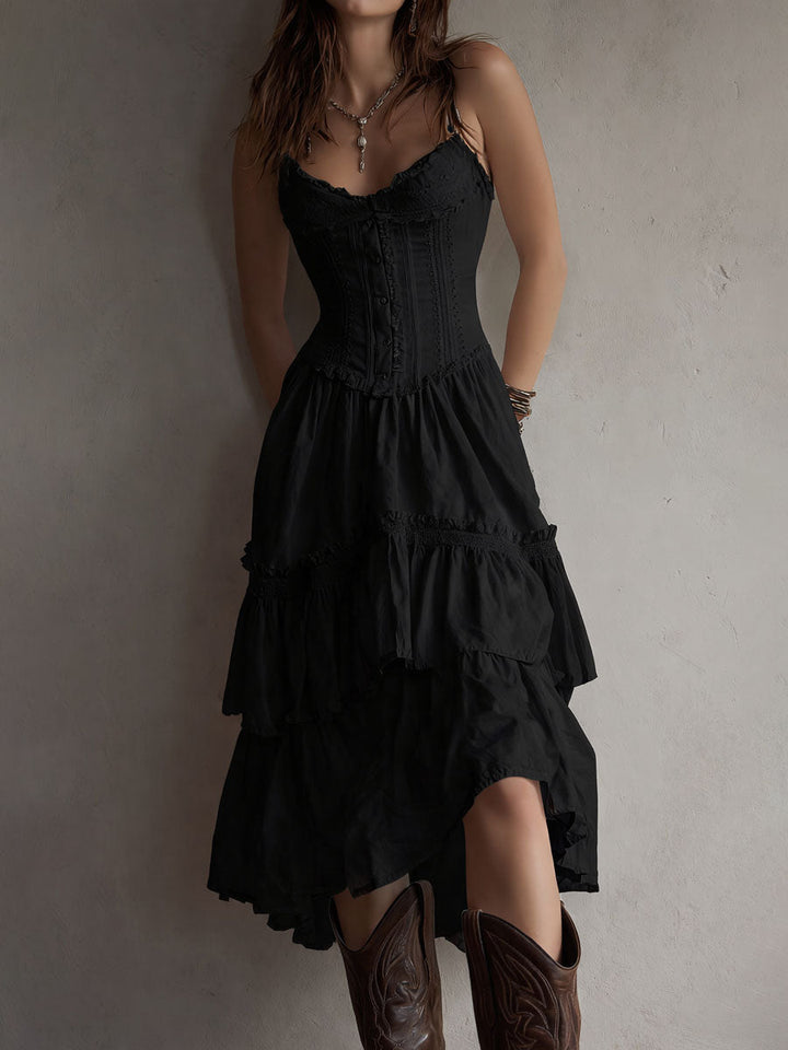 Olivia Newyork Marisol corset tiered lace-trim midi dress from Country Muse collection, featuring a fitted bodice and flowing skirt.