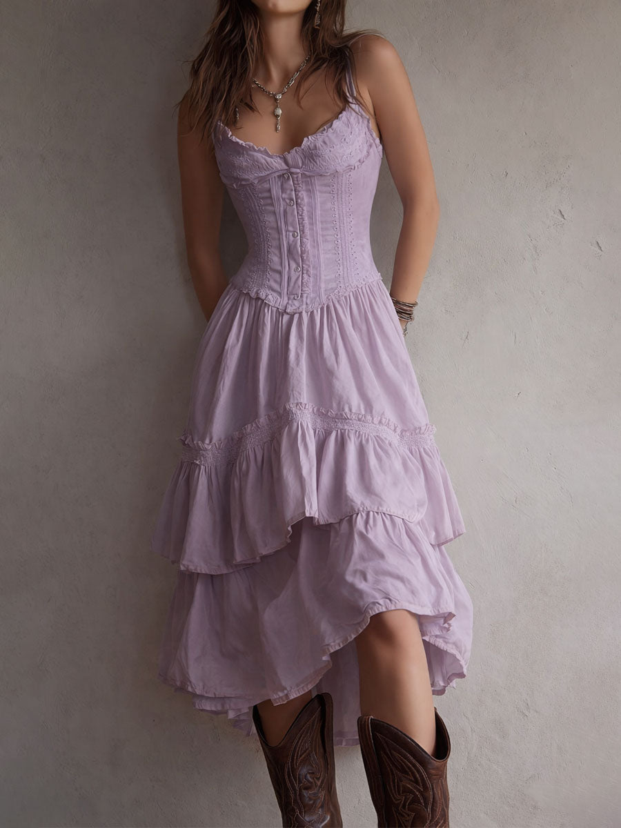 Olivia Newyork Marisol corset tiered lace-trim midi dress from Country Muse collection, featuring floral lace details and a fitted bodice.