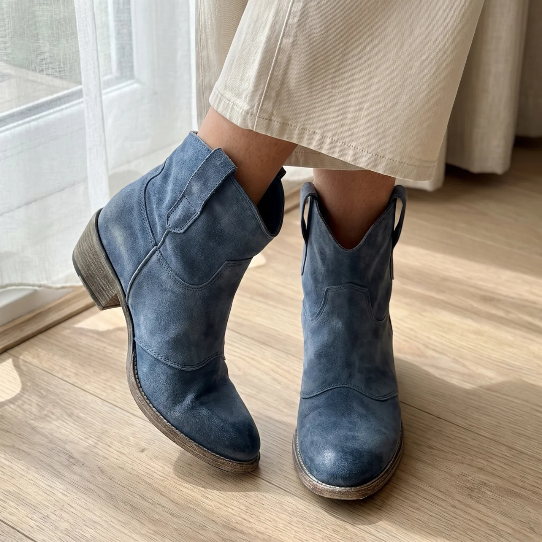 Bennett and Lowe Charlotte suede ankle boots with low heel and rounded toe, stylish and comfortable footwear for everyday wear.