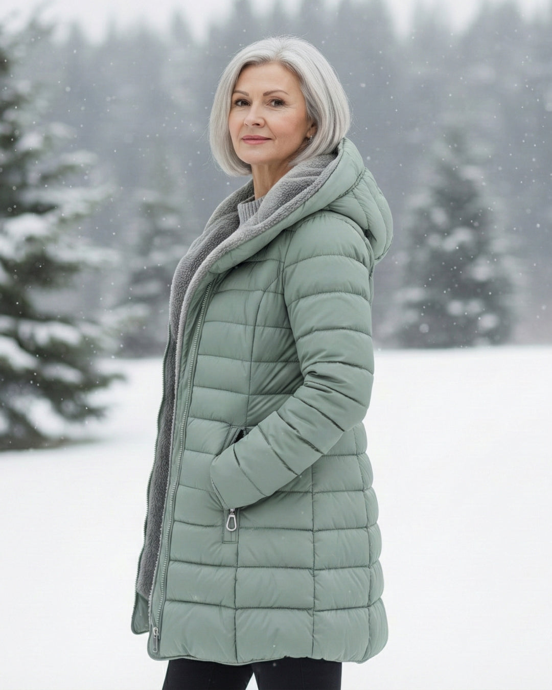 Bennett and Lowe Marguerite hooded quilted winter jacket in dark color with insulated hood and stylish quilting pattern.