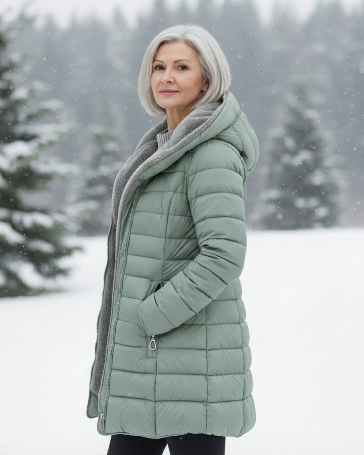 Bennett and Lowe Marguerite hooded quilted winter jacket in dark color with insulated hood and stylish quilting pattern.