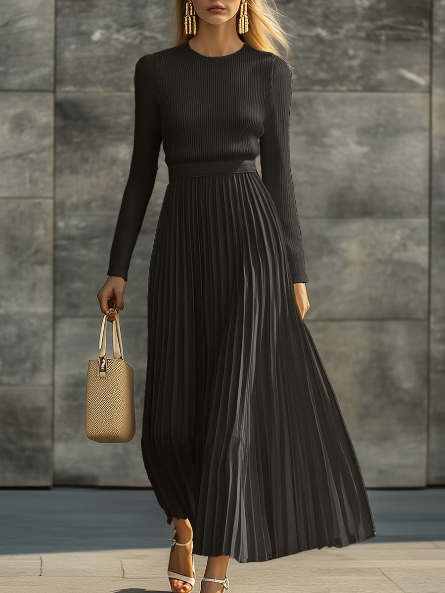 Charlotte | Ribbed Knit Pleated Satin Midi Dress for Women
