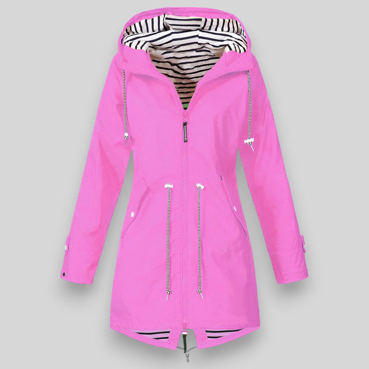 Bennett & Lowe Hollis waterproof rain jacket in dark color, showing front view with hood and zipper closure.