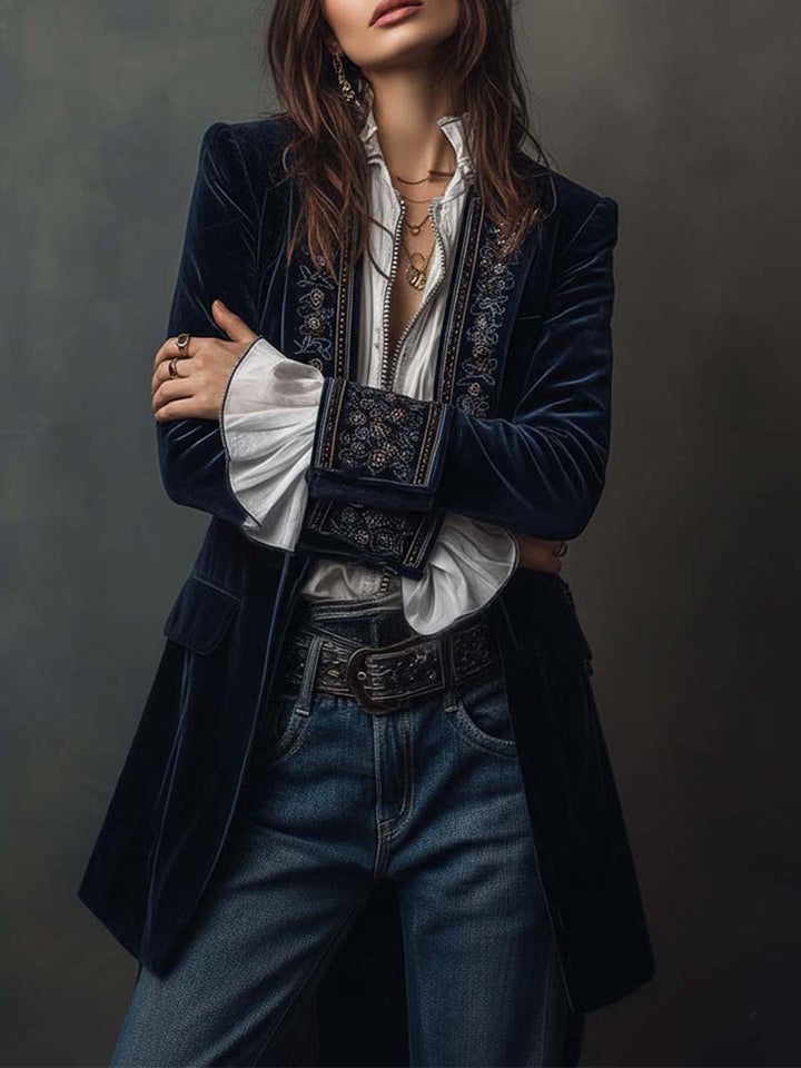 Embroidered longline blazer by Bennett and Lowe, featuring tailored fit and intricate embroidery details, styled for professional wear.